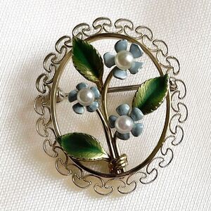 Vintage Krementz Gold Filled Forget Me Not Flower Filigree Brooch Pin Pearl Oval
